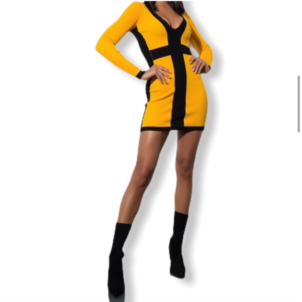 Vibrant Yellow and Black Ribbed Dress